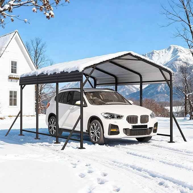 EROMMY 10' x 15' Heavy Duty Metal Carport with Galvanized Steel Roof & Base for All-Weather Protection, Outdoor Carport Garage, Versatile for Car, Boat, Tractor, and Party Use, Dark Gray
