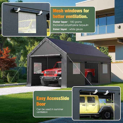 Polar Aurora 12x20 FT Heavy Duty Carport with All-Season Tarp, Portable Garage Tent with Roll-Up Windows & Side-Opening Door, Enclosed Car Port Canopy with Galvanized Frame for Car, SUV, Truck, Boat
