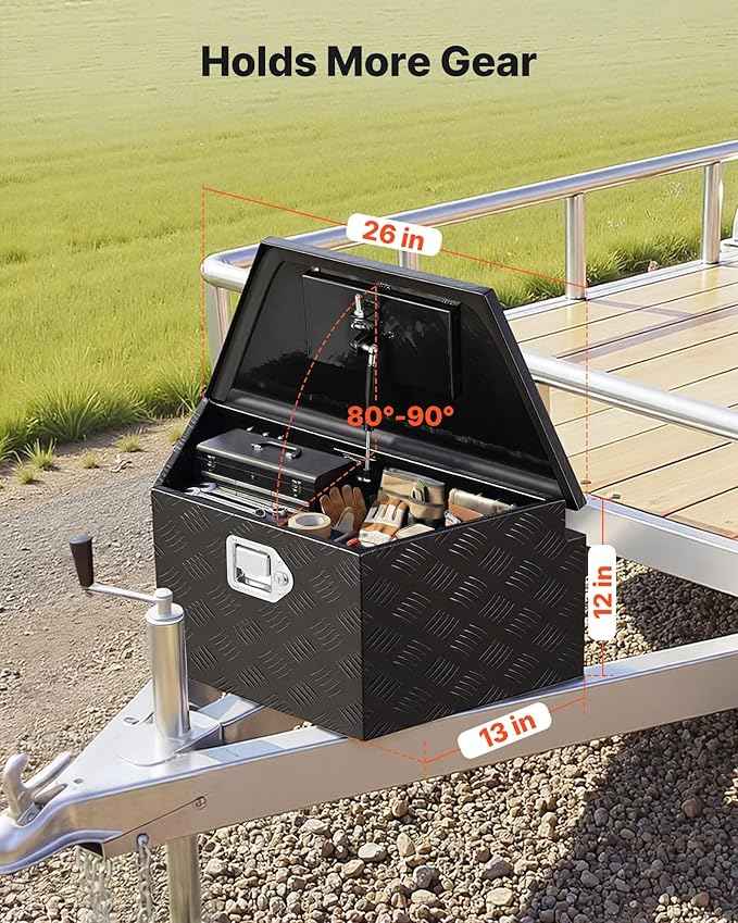 VEVOR Trailer Tongue Box, Heavy Duty Trailer Tongue Tool Box Storage Organizer with Lock & Keys, Utility Tool Chest for Pickup Truck Bed, RV, SUV, Off-Road Vehicle, Aluminum, 26" x 13" x 12", Black