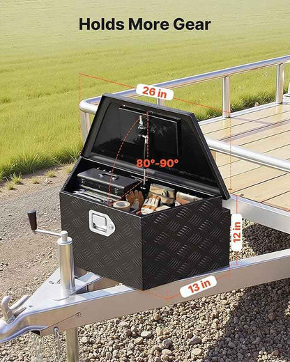 VEVOR Trailer Tongue Box, Heavy Duty Trailer Tongue Tool Box Storage Organizer with Lock & Keys, Utility Tool Chest for Pickup Truck Bed, RV, SUV, Off-Road Vehicle, Aluminum, 26" x 13" x 12", Black
