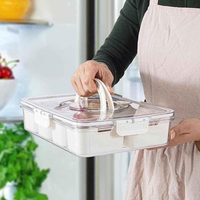 Amzcku Divided Serving Tray with Lid and Handle - Snackle Box Charcuterie Container for Portable Snack Platters - Clear Organizer for Candy, Fruits, Nuts, Snacks - Perfect for Party, Entertaining