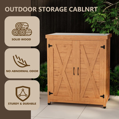 Outdoor Storage Shed Waterproof, Potting Shed with Storage Cabinet and Metal Table Top for Backyard Garden Patio, Outdoor Work Station Table, Light Brown