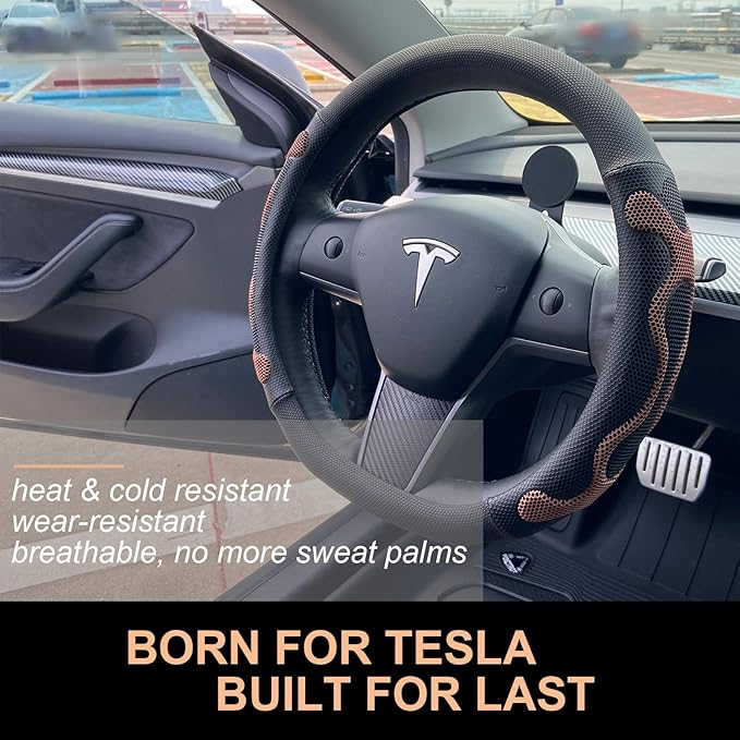 PINCTROT Comfy Grip Steering Wheel Cover for Tesla Model Y/3 2016-2025 2026 Standard/Highland/Juniper, D Shaped 14 Inch Small Sized, Flat Bottom with 3D Honeycomb Anti-Slip Design (Comfy Grip Brown)