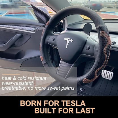PINCTROT Comfy Grip Steering Wheel Cover for Tesla Model Y/3 2016-2025 2026 Standard/Highland/Juniper, D Shaped 14 Inch Small Sized, Flat Bottom with 3D Honeycomb Anti-Slip Design (Comfy Grip Brown)