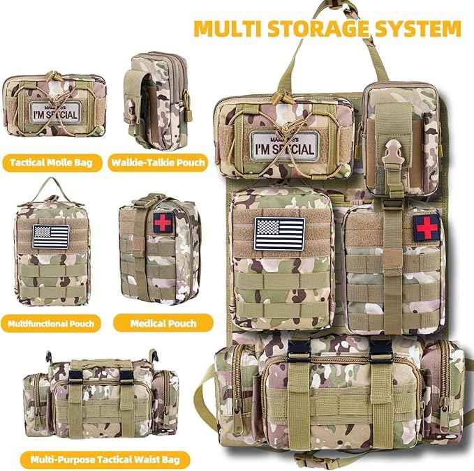 Tactical Vehicle Seat Back Organizer, Universal Tactical Seat Cover Molle Panel with 5 Detachable Pouches - Medical, Phone, Admin Storage Bags Fit for Jeep Truck Car Camping Off Road (CP Camo)