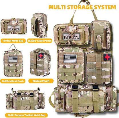 Tactical Vehicle Seat Back Organizer, Universal Tactical Seat Cover Molle Panel with 5 Detachable Pouches - Medical, Phone, Admin Storage Bags Fit for Jeep Truck Car Camping Off Road (CP Camo)