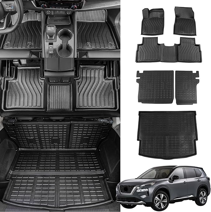 Bomely Floor Mats Compatible with 2021-2025 2026 Nissan Rogue Trunk Mat Cargo Liner TPE All Weather Back Seat Cover Protector 2024 Rogue Accessories (Rear Trunk Mat+Backrest Mats+Floor Mats)