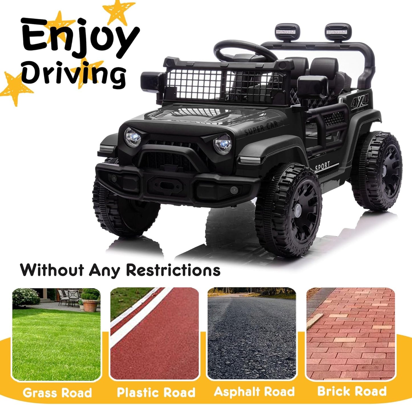 24V Ride on Toys with Parents Control, Ride on Truck Car with Four-Wheel Suspension, Electric Vehicles for Kids, Power Display, Bluetooth, MP3, Music, LED Headlight, 1.86-3.11MPH (Black) - AutoBay
