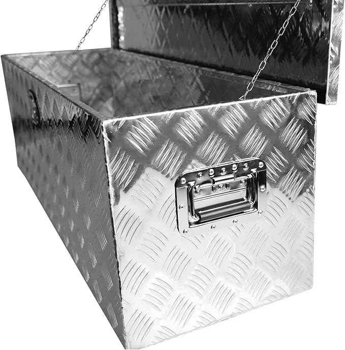 Truck Bed Toolbox for Trailer Pickup, RV Storage Organizer Tool Box Flatbox with Side Handle Lock Keys, Aluminum 5 Bar Tread Pattern Truck Bed Tool Box, Diamond Plate Chest Box Organizer 48 inches
