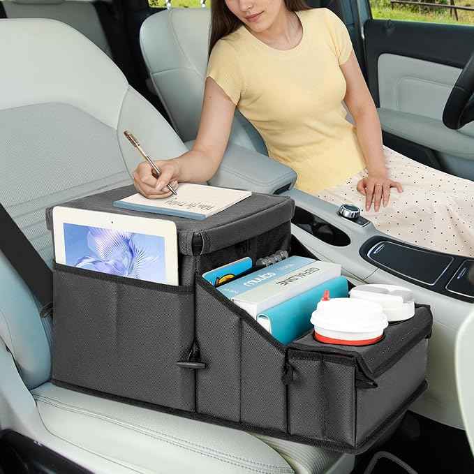 Car Organizer for Front Seat Organizer and Storage, Collapsible Car Caddy, Passenger Seat Organizer with Partitions & Cup Holders, Car Organization for kids and Adults (Grey)