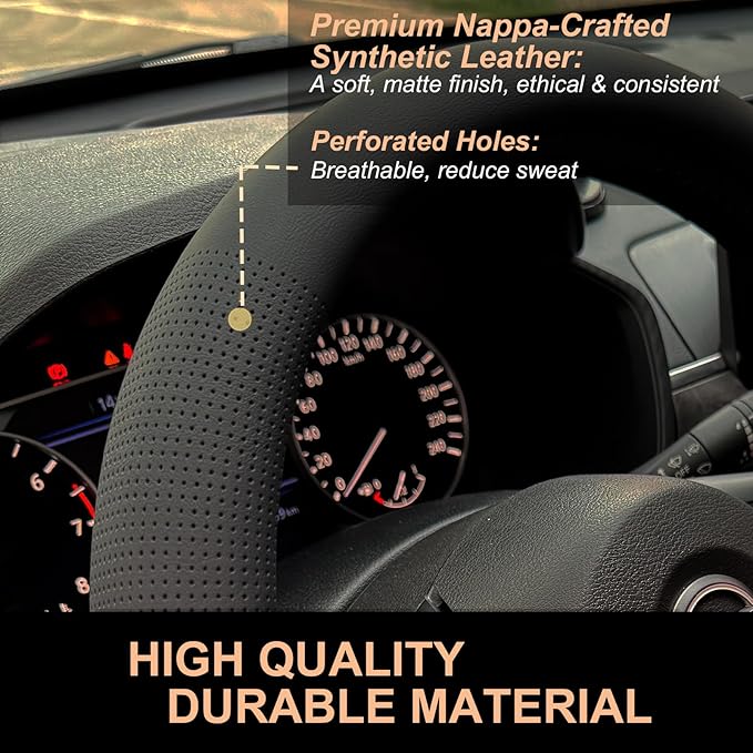 PINCTROT D Shaped Nappa Leather Steering Wheel Cover, Slim Fit No Bulk Design, One Piece Leather with Breathable Perforation, Fit Like Gloves, Flat Bottom 14.5-15 Inch(Nappa Black)