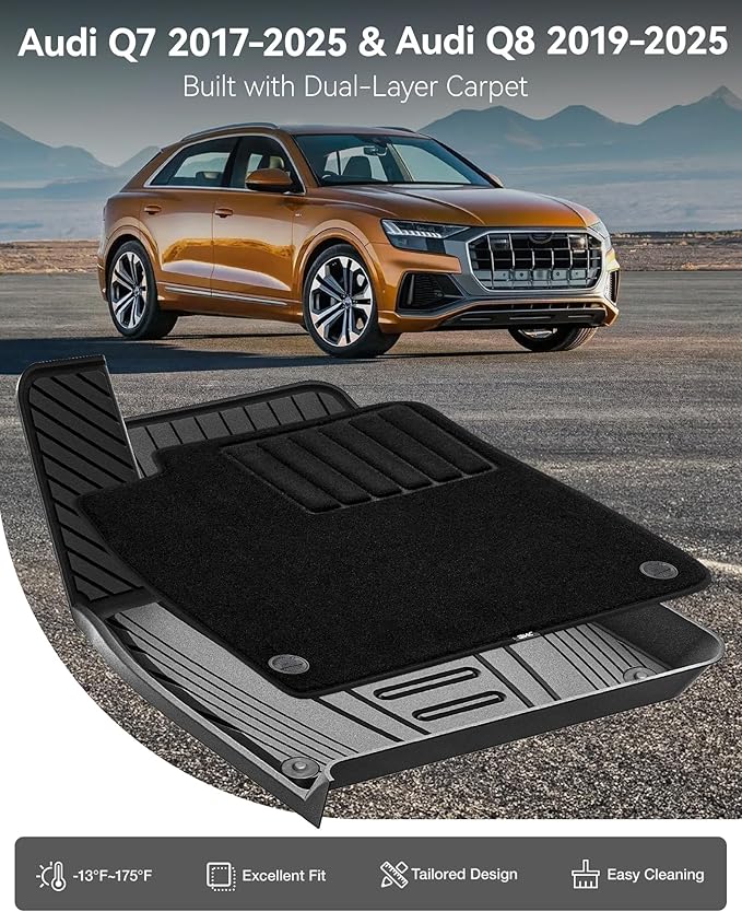 3W Floor Mats & Carpets Fit for Audi Q7(2017-2025)/ Q8(2019-2025), 4M TPE Dog Friendly Mats, Custom Fit Car Liner, All Weather Waterproof Non-Slip, Easy to Install Car Accessories(not for Q8 E-tron)