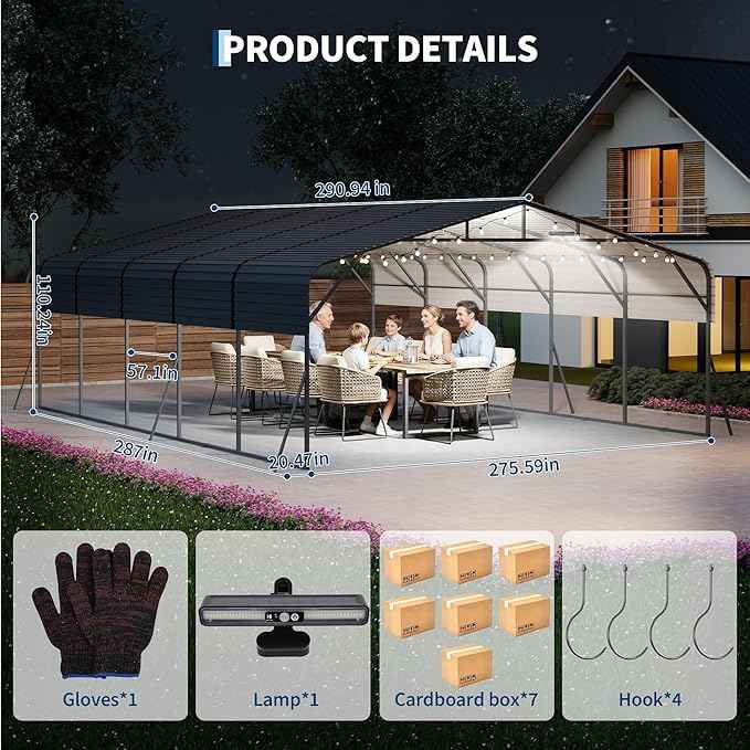 20x25FT Metal Carport w/Led Light,Outdoor Portable Car Garage for Multiple Vehicles,Reinforced Base & Galvanized Steel Roof, Outdoor Car Port Canopy Shelter for Boats, Full-Sized Pickup Trucks