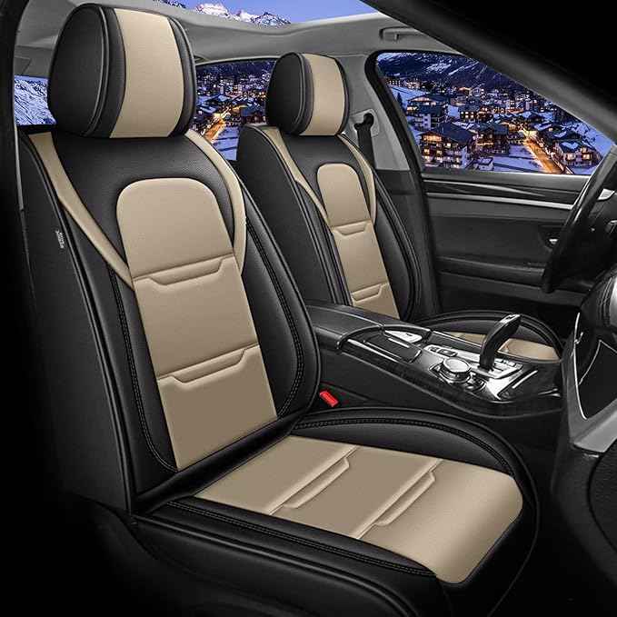 YORKNEIC 2 Front Seat Covers Fit for Ford Escape 2021-2025 2026 Leather Car Seat Covers for Escape Automotive Seat Cushion with Airbag Compatible(2PCS,Black&Beige)