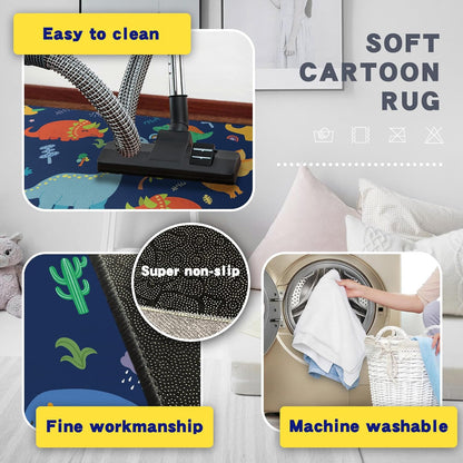 Cute Cartoon Dinosaur Rug for Boys Bedroom 59"x39" Bedroom Playroom Decor for Kids Lovely Dinosaur Animal Pattern Carpet Blue Rug Non-Slip Washable
