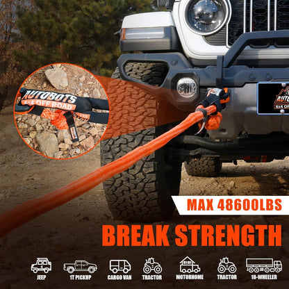 AUTOBOTS Kinetic Recovery Rope 1" x 20'(48,600lbs)+2 Soft Shackles，Heavy Duty Tow Rope Tow Strap for Truck ATV UTV SUV Car，Offroad Recovery Kit