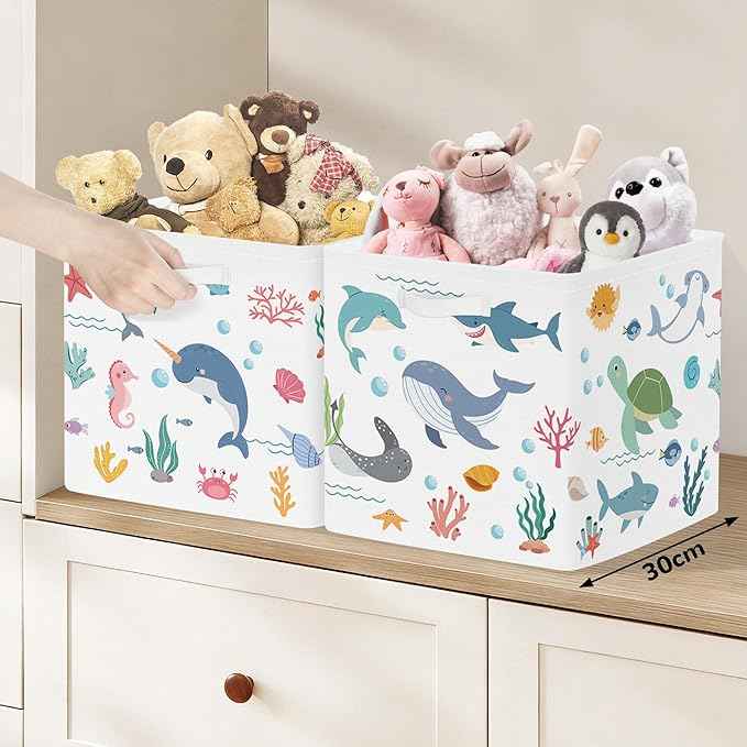Clastyle Ocean Animals Storage Cube Organizer Set Handle Closet Clothes Cube with Metal Frame Foldable Parents Organizer Storage Basket for Book Toy,White,11.8x11.8x11.8 in