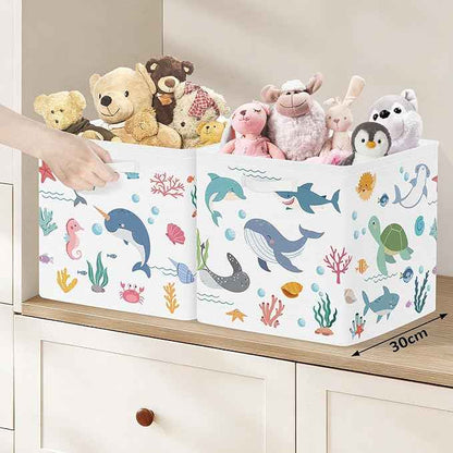 Clastyle Ocean Animals Storage Cube Organizer Set Handle Closet Clothes Cube with Metal Frame Foldable Parents Organizer Storage Basket for Book Toy,White,11.8x11.8x11.8 in