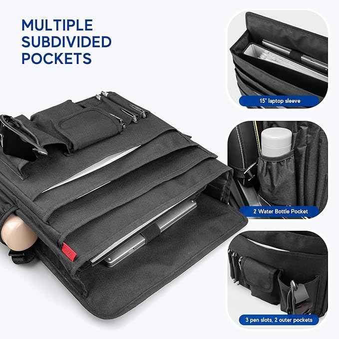 YOOFAN Universal Front Seat Organizer for Car & Truck - Black 600D Oxford Fabric with Tablet Sleeve, Cup Holders & Multi-Compartment Storage | Ideal for SUV, Work Truck, Mobile Office & Travel Use