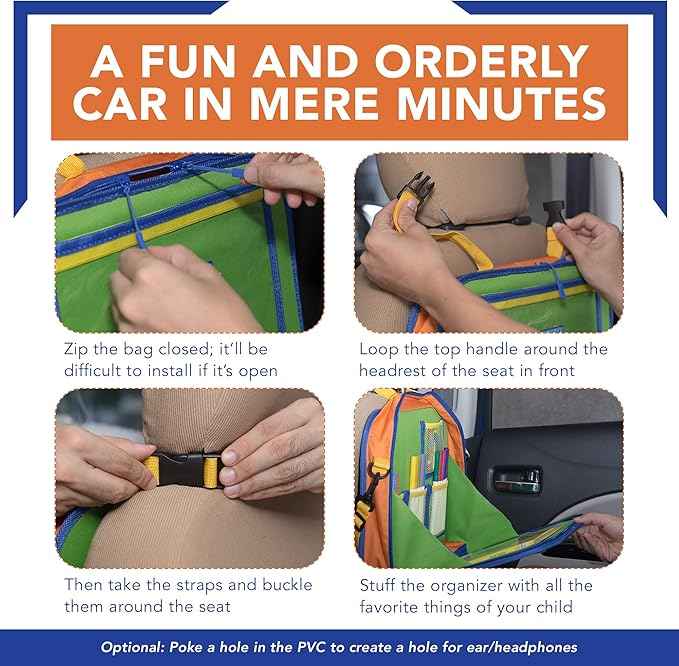 Car Organizer Back Seat for Kids & Tablet Holder for Car with Kick Mats & Lap Tray – Car Accessories Interior Must Have Road Trip Essentials (Age 3+) – Fold Away Tray with Car Seat Pocket Holders