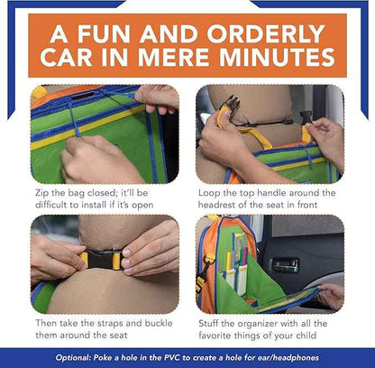 Car Organizer Back Seat for Kids & Tablet Holder for Car with Kick Mats & Lap Tray – Car Accessories Interior Must Have Road Trip Essentials (Age 3+) – Fold Away Tray with Car Seat Pocket Holders