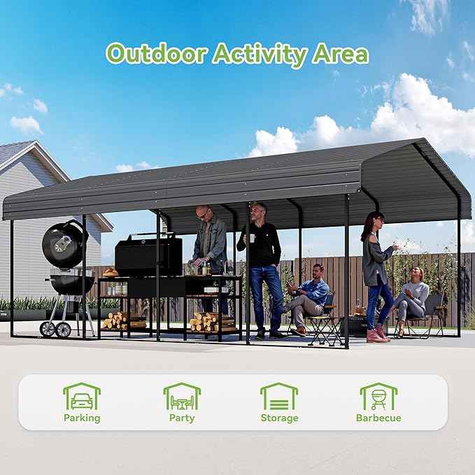 12x20FT Metal Carport,Heavy Duty Carport with Reinforced Frame and Galvanized Steel Roof, Large Outdoor Garage Shelter Shade Car Port for Pickup Trucks, Boats, Cars & Tractors, Farm Tools, Party,Gray