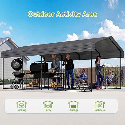 12x20FT Metal Carport,Heavy Duty Carport with Reinforced Frame and Galvanized Steel Roof, Large Outdoor Garage Shelter Shade Car Port for Pickup Trucks, Boats, Cars & Tractors, Farm Tools, Party,Gray