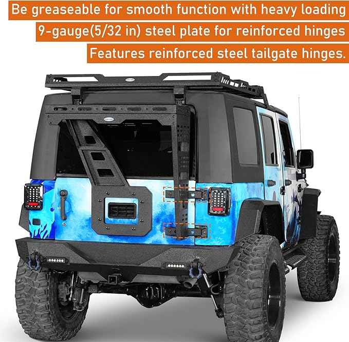 Hooke Road JK Spare Tire Cargo Basket Rack for 2007-2018 Jeep Wrangler JK & Unlimited 2/4 Doors, Rear Steel Storage Tray Luggage Carrier with Reinforced Tailgate Hinge Kit