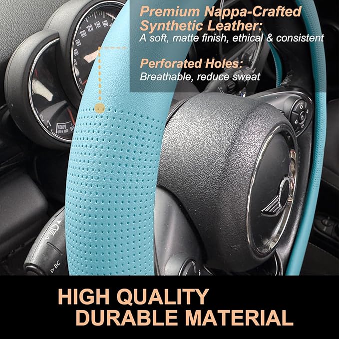 PINCTROT Large Size Nappa Leather Steering Wheel Cover, Slim Fit No Bulk Design, One Piece Leather with Breathable Perforation, Fit Like Gloves, 15.5-15.75 Inch(Nappa Aqua)