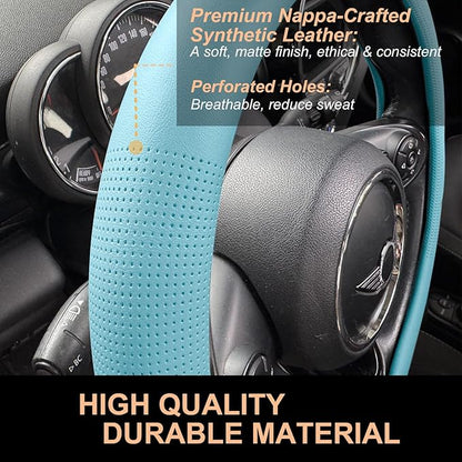 PINCTROT Large Size Nappa Leather Steering Wheel Cover, Slim Fit No Bulk Design, One Piece Leather with Breathable Perforation, Fit Like Gloves, 15.5-15.75 Inch(Nappa Aqua)