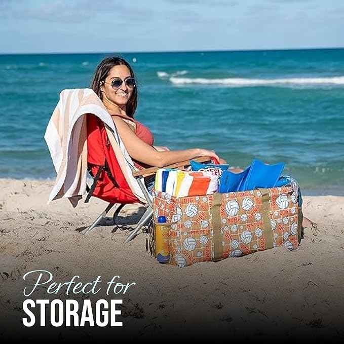 Extra Large Utility Tote Bag - Oversized Collapsible Reusable Wire Frame Rectangular Canvas Basket With Two Exterior Pockets For Beach, Pool, Laundry, Car Trunk, Storage - Volleyball