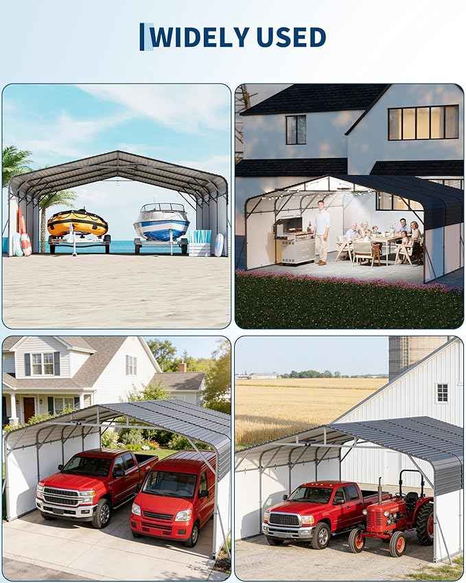 20x20FT Heavy Duty Metal Carport,Outdoor Portable Car Garage w/Led Light,Removable PE Sidewalls,Reinforced Base & Galvanized Steel Roof, Outdoor Car Port Canopy Shelter for Boats,Trucks