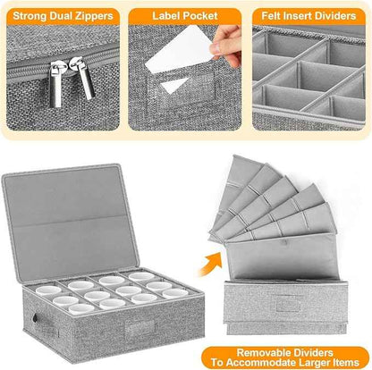 Coffee Mug Storage Box 2 Pack with Dividers, China Storage Containers Organizer Moving Supplies, Hard Shell & Stackable for Coffee Mugs, Tea Cups w/Sturdy Lid & Handles, 24 Compartments, Grey