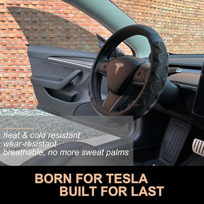 PINCTROT Great Grip Steering Wheel Cover for Tesla Model Y/3 2016-2025 2026 Standard/Highland/Juniper, D Shaped 14 Inch Small Sized, Flat Bottom with 3D Honeycomb Anti-Slip Design (Great Grip Black)