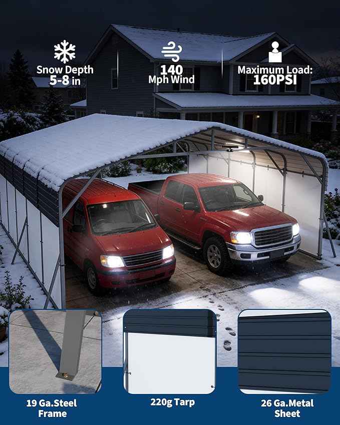 20x25FT Metal Carport Heavy-Duty Build with LED Light & Galvanized Steel Roof, Reinforced Stable Structure with Removable PE Sidewalls, Spacious Versatile Shelter for Cars, Boats, and Events