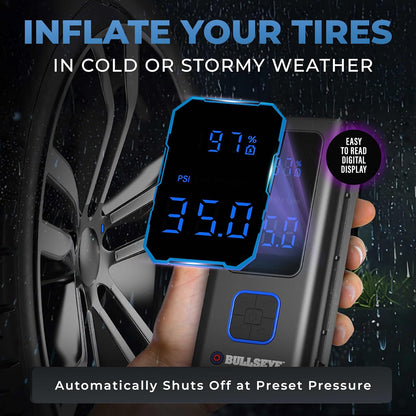 POCKET AIR PRO Tire Inflator Portable Air Compressor by Bullseye Pro for Tires, Balls, Bike with Persta Valve, Auto Shut Off, Inflates in 2 Min, Cordless Rechargeable 6000MAH,150 PSI, SoS Light