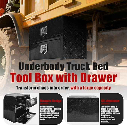 Underbody Truck Tool Box 36"x 18"x 20" Heavy Duty Double-Layer Aluminum Truck Bed Toolbox with Drawer and Lower Door Tools Storage Organizer with Lock and Keys Suitable for Truck Bed Pickup RV Trailer