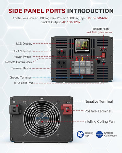 Power Inverter 5000 Watt Pure Sine Wave 48V DC to 110V/120V AC 10000W Peak Converter for Family RV Solar System with 2 AC Outlets LCD Display Remote Control 0.5A USB Charging Port and Wiring Terminal