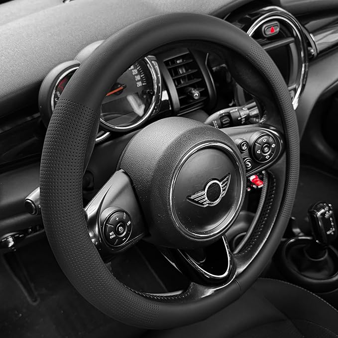PINCTROT Nappa Leather Steering Wheel Cover, Slim Fit No Bulk Design, One Piece Leather with Breathable Perforation, Fit Like Gloves, Universal 14.5-15 Inch(Nappa Black)