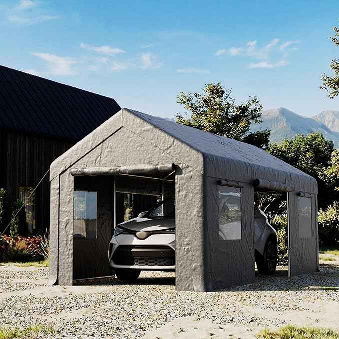 COSIEST 10'×20' Storage Shelter Outdoor Gable Roof Carport with Removable Side Walls, Heavy-Duty Garage Canopy Weatherproof PE Cover, Multi-Purpose Vehicle/Tractor Shed for Backyard/Driveway/Farm