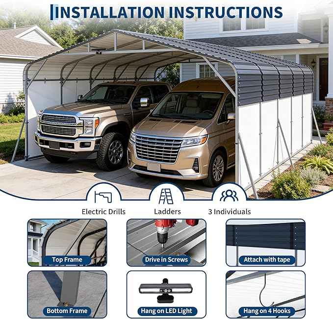 20x25FT Metal Carport w/Led Light,Outdoor Portable Car Garage,Removable PE Sidewalls,Reinforced Base & Galvanized Steel Roof, Outdoor Car Port Canopy Shelter for Boats, Trucks