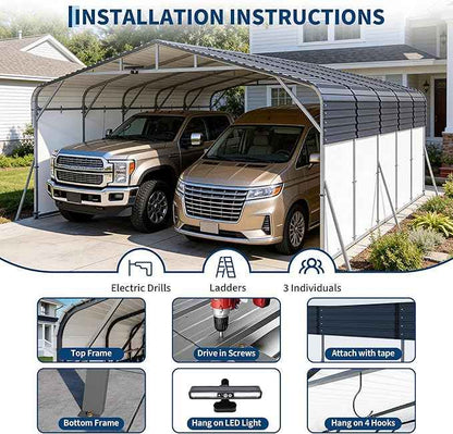 20x25FT Metal Carport w/Led Light,Outdoor Portable Car Garage,Removable PE Sidewalls,Reinforced Base & Galvanized Steel Roof, Outdoor Car Port Canopy Shelter for Boats, Trucks