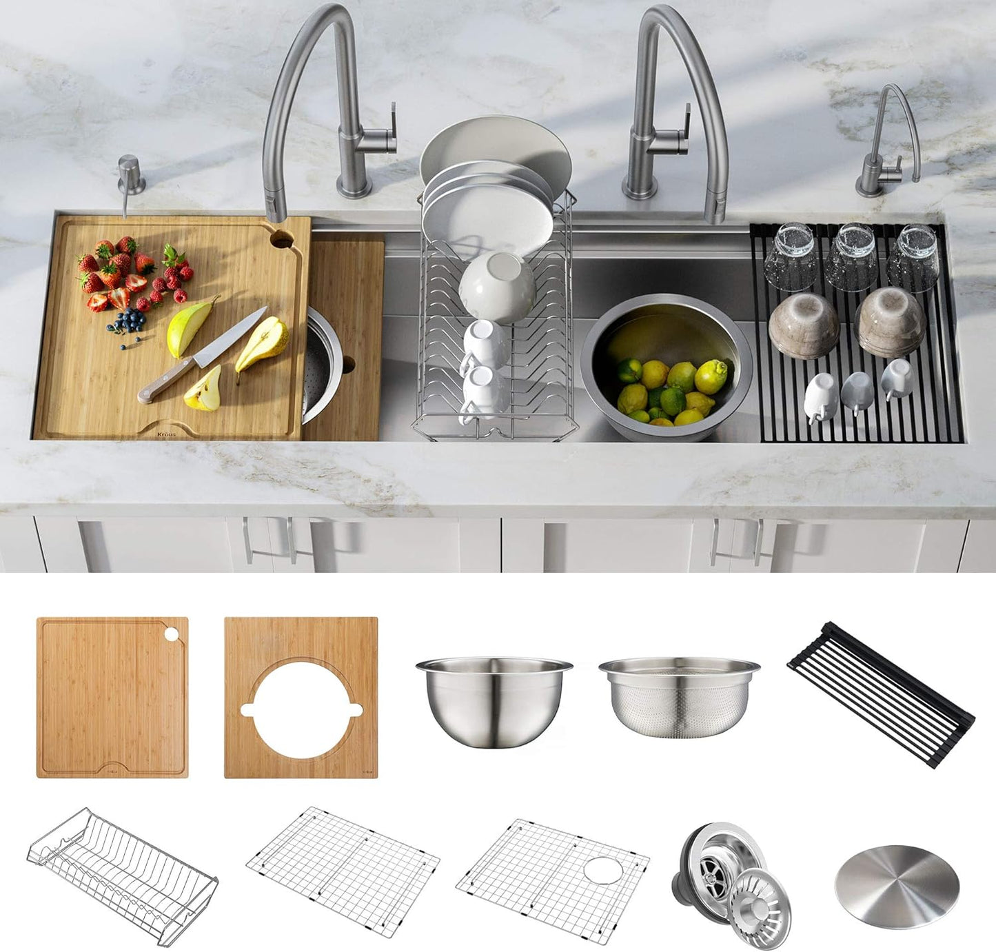KRAUS Kore 57-inch Undermount Workstation 16 Gauge Single Bowl Stainless Steel Kitchen Sink with 10 Accessories, KWU210-57