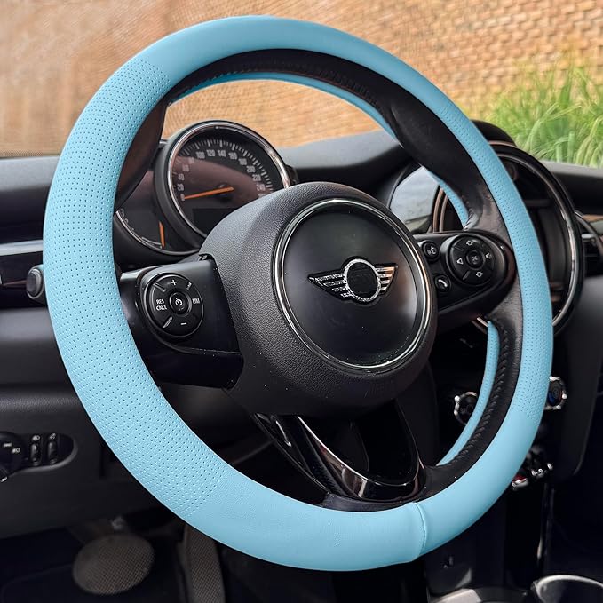 PINCTROT Large Size Nappa Leather Steering Wheel Cover, Slim Fit No Bulk Design, One Piece Leather with Breathable Perforation, Fit Like Gloves, 15.5-15.75 Inch(Nappa Aqua)