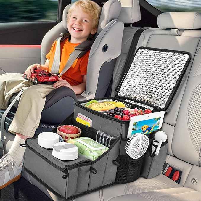 COOLBEBE Car Seat Organizer, Backseat Car Organizer with Cup Holders for Kids and Adults Travel, Cooler Compartment Passenger Seat Organizer Storage Box for Front or Middle Seat, Grey