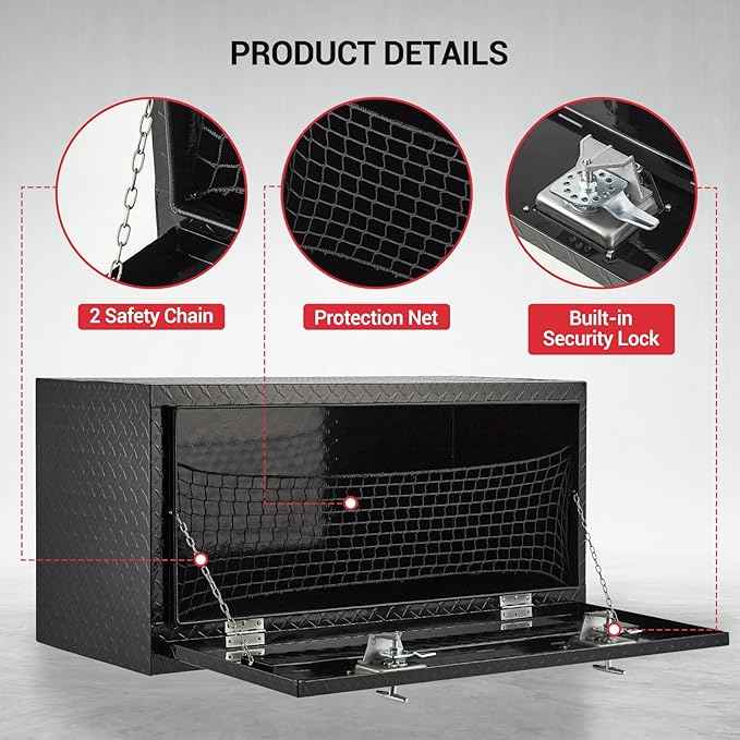 Underbody Truck Box,36 Inch Pickup Storage Box, Aluminum Diamond Plate Tool Boxes with Handle and Keys, Heavy Duty Waterproof Trailer Storage Box with T-Handle Latch for Truck, Van, Trailer, Black