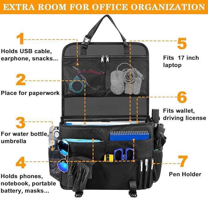 MENZOKE Car Front Seat Organizer, Patrol Bag Law Enforcement, Hanging Passenger Seat Car Organizer with 17 Inch Laptop Storage, Adjustable Strap Backseat Organizers for Truck Office, Police, Black