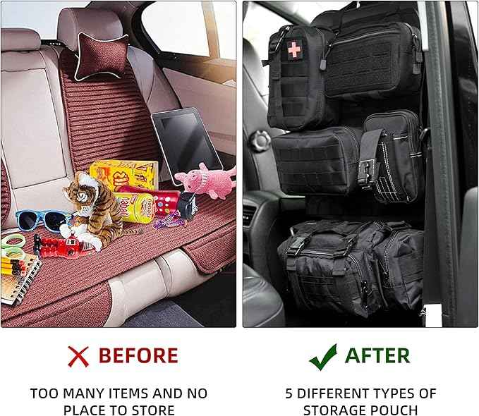 6 Pack Tactical Car Seat Back Organizer,Backseat Organizer with 5 Detachable Molle Pouches,Molle Panel Organizer Fits for Vehicel Such as Jeep,Truck,SUV, Car(Black)
