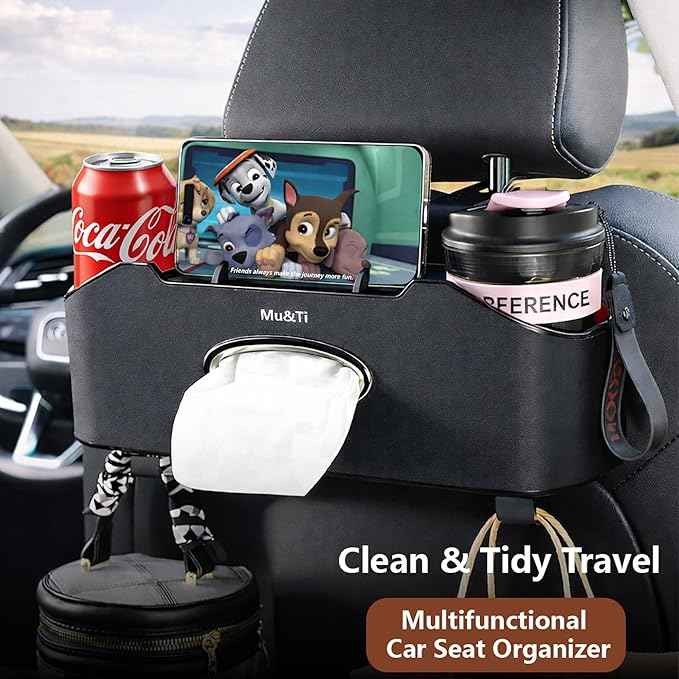 Mu&Ti Back Seat Car Organizer,4+2 in 1 Multifunctional Car Back Seat Storage Box with 2 Cup Holders, Tissue Box and Hook - Ideal for Kids and Travel(Black)