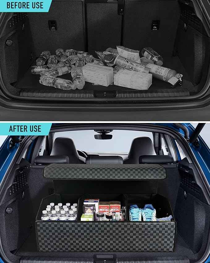 Trunk Organizer for SUV - Leather Storage Box, Extra Large, Magnetic Lid, Collapsible and Adjustable Car Organizer